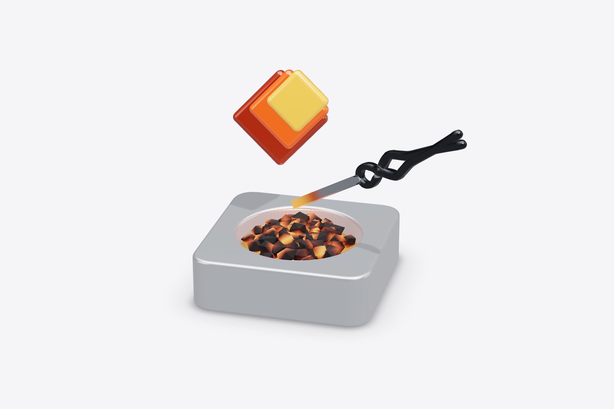 Výheň s řeřavým uhlím, nad ní kleště s rozžhavenou tyčí a znak Forge.