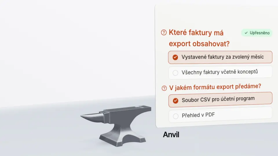 Kovadlina Anvil a za ní obrazovka se dvěma zodpovězenými otázkami k exportu faktur.